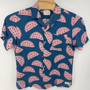 Duvin Design Co Mens Large Watermelon Print Short Sleeve Button Up Shirt Blue